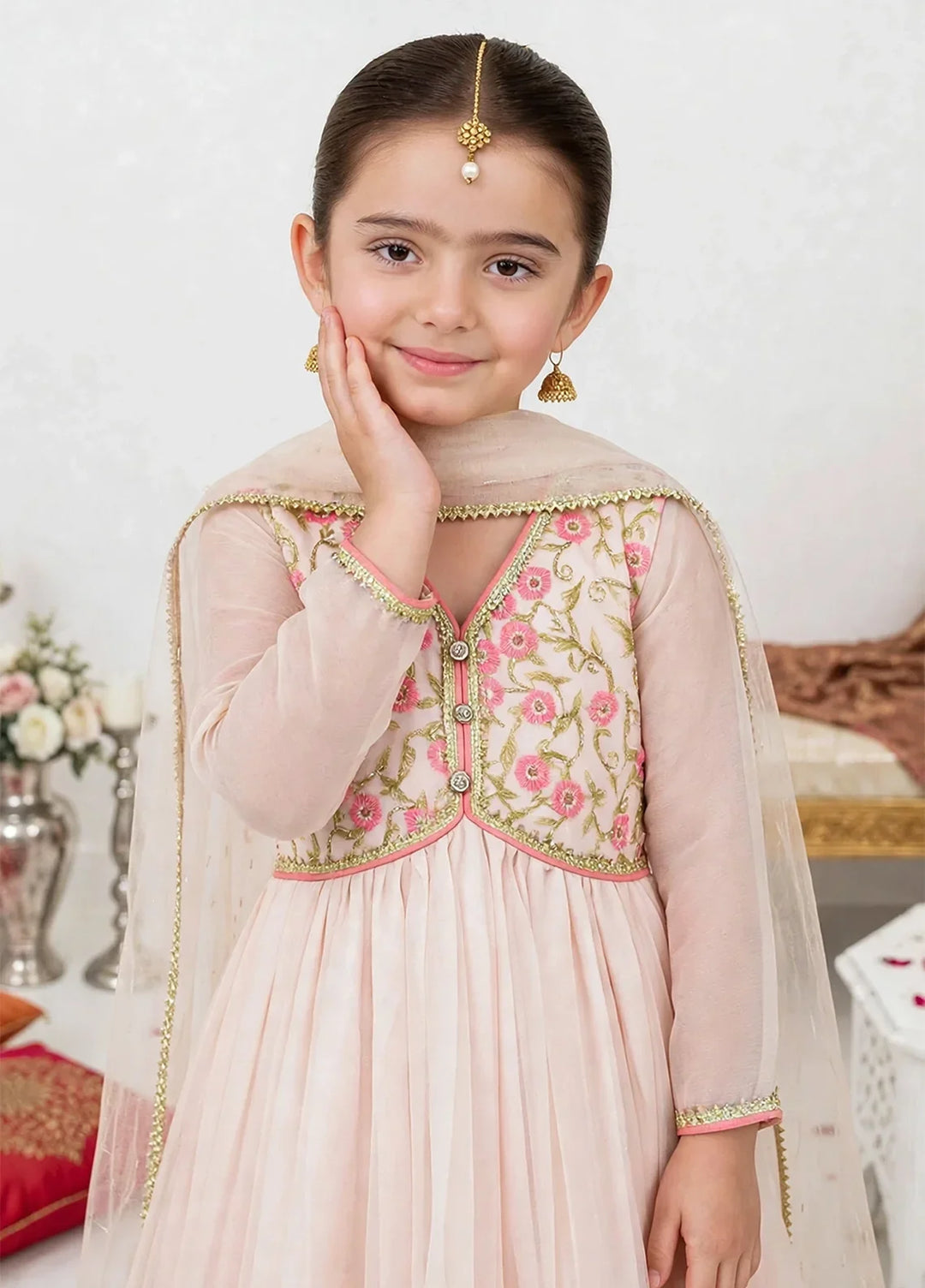 Jhilmil by Modest Girls RTW Embroidered Chiffon 3 Piece Suit Peach Frock Festive Collection