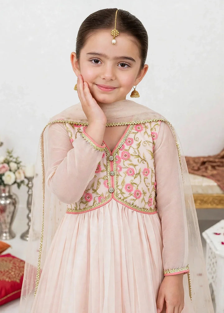 Jhilmil by Modest Girls RTW Embroidered Chiffon 3 Piece Suit Peach Frock Festive Collection