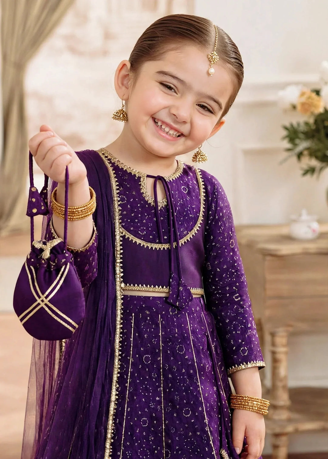 Jhilmil by Modest Girls RTW Printed Raw Silk 3 Piece Suit Purple Lehenga Festive Collection