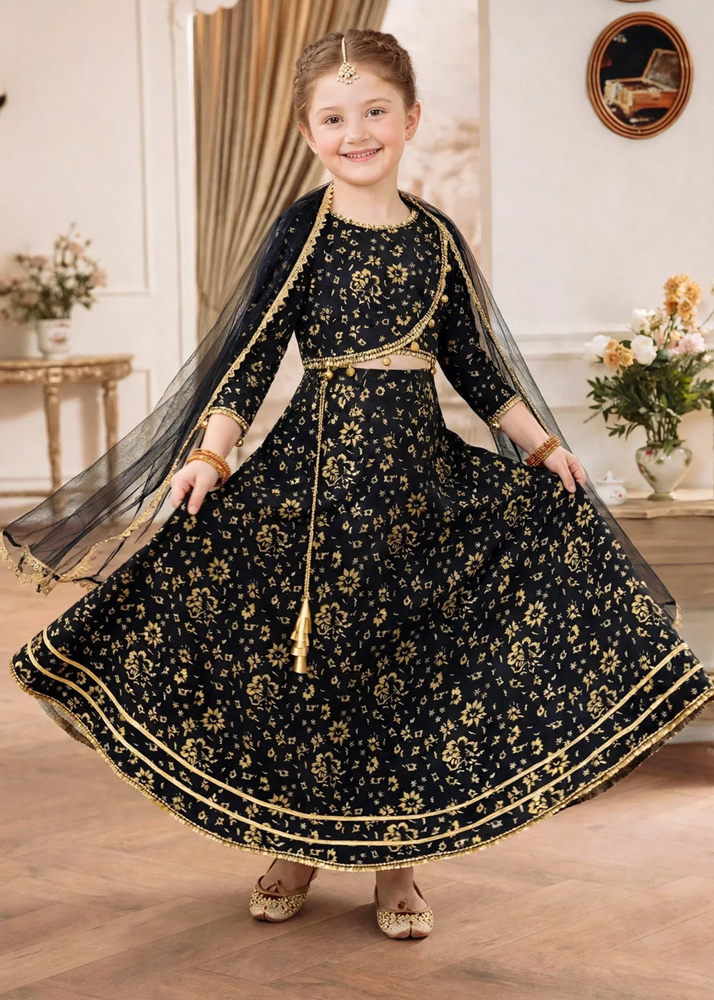 Jhilmil by Modest Girls RTW Printed Raw Silk 3 Piece Suit Black Lehenga Festive Collection
