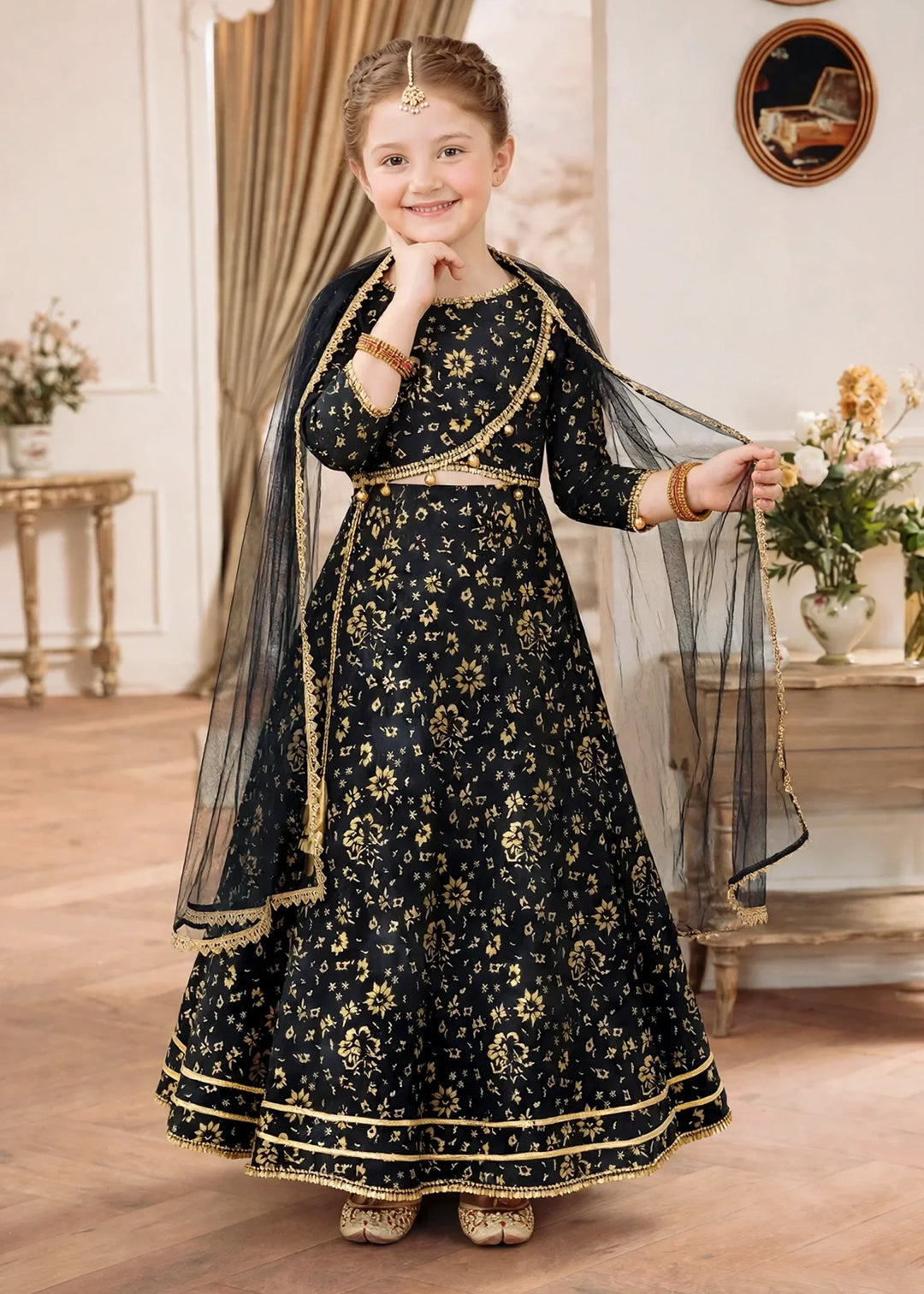 Jhilmil by Modest Girls RTW Printed Raw Silk 3 Piece Suit Black Lehenga Festive Collection