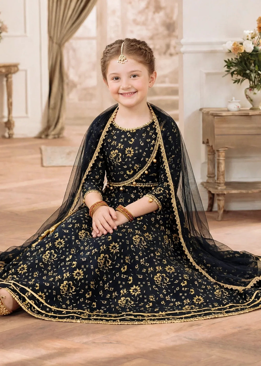 Jhilmil by Modest Girls RTW Printed Raw Silk 3 Piece Suit Black Lehenga Festive Collection