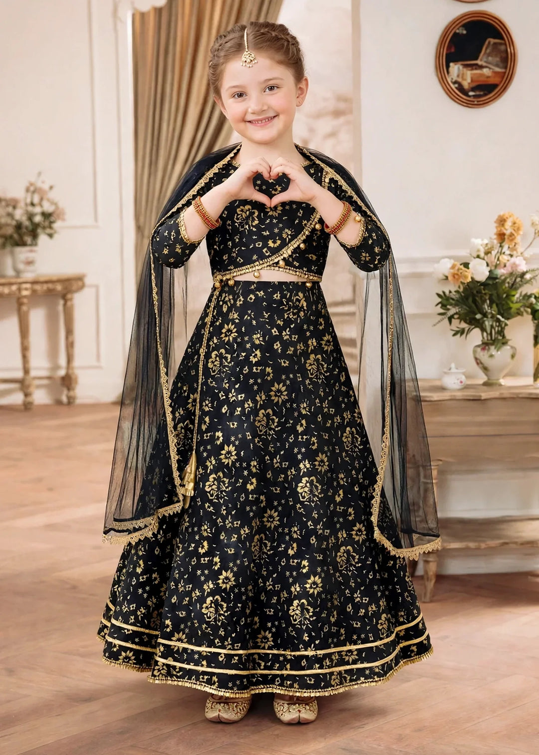 Jhilmil by Modest Girls RTW Printed Raw Silk 3 Piece Suit Black Lehenga Festive Collection