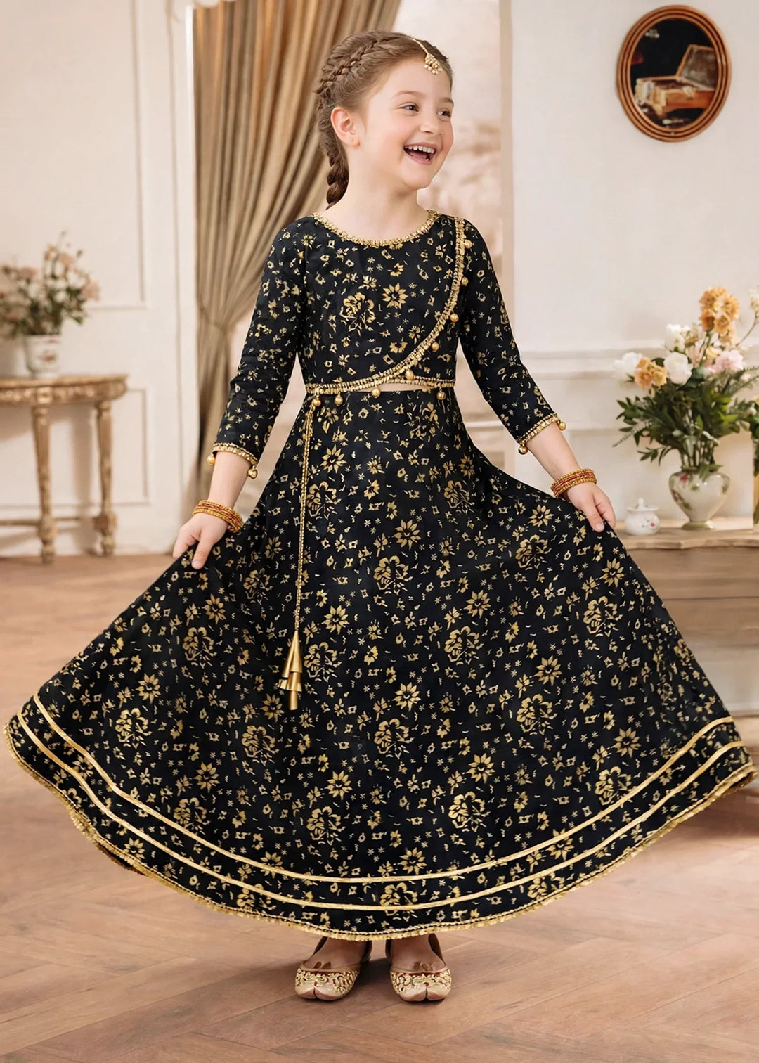Jhilmil by Modest Girls RTW Printed Raw Silk 3 Piece Suit Black Lehenga Festive Collection