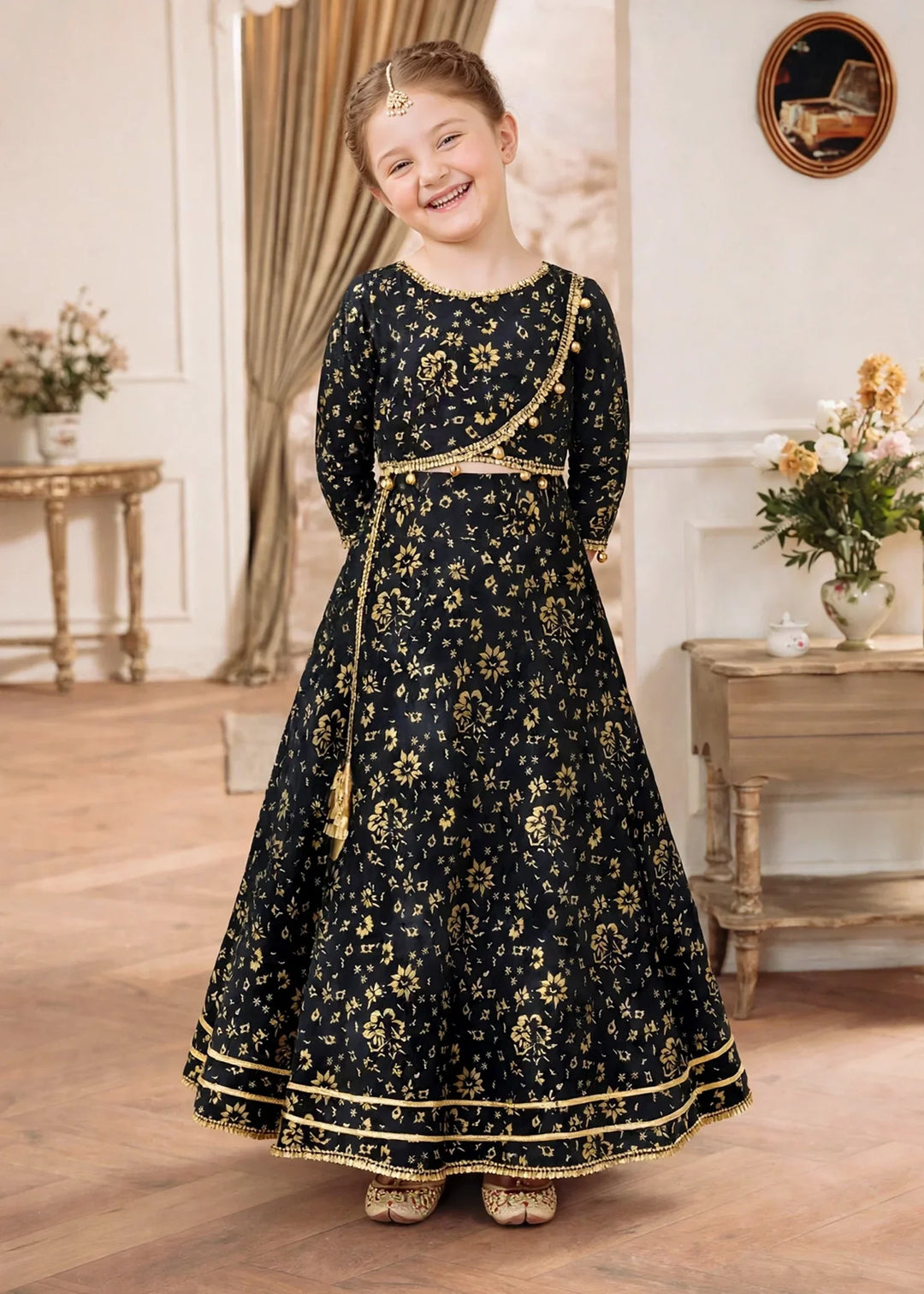 Jhilmil by Modest Girls RTW Printed Raw Silk 3 Piece Suit Black Lehenga Festive Collection