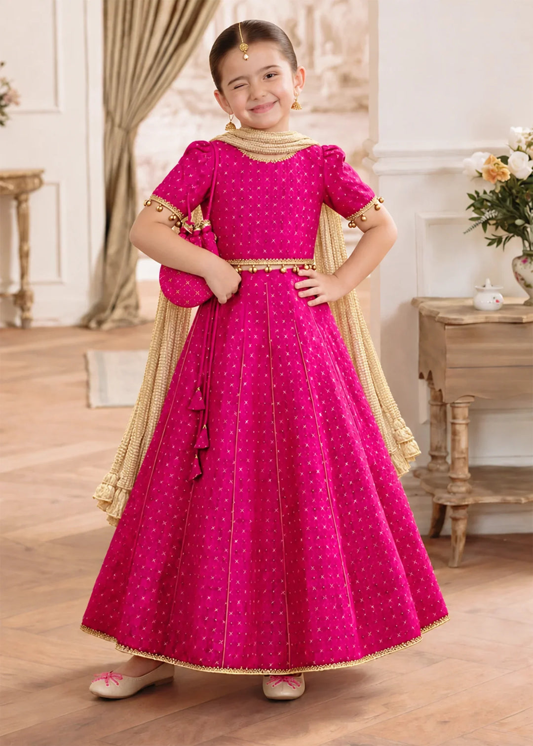 Jhilmil by Modest Girls RTW Printed Raw Silk 3 Piece Suit Pink Lehenga Festive Collection