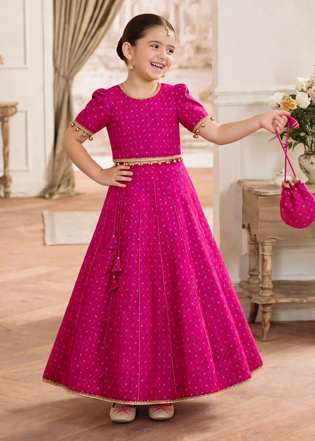 Jhilmil by Modest Girls RTW Printed Raw Silk 3 Piece Suit Pink Lehenga Festive Collection