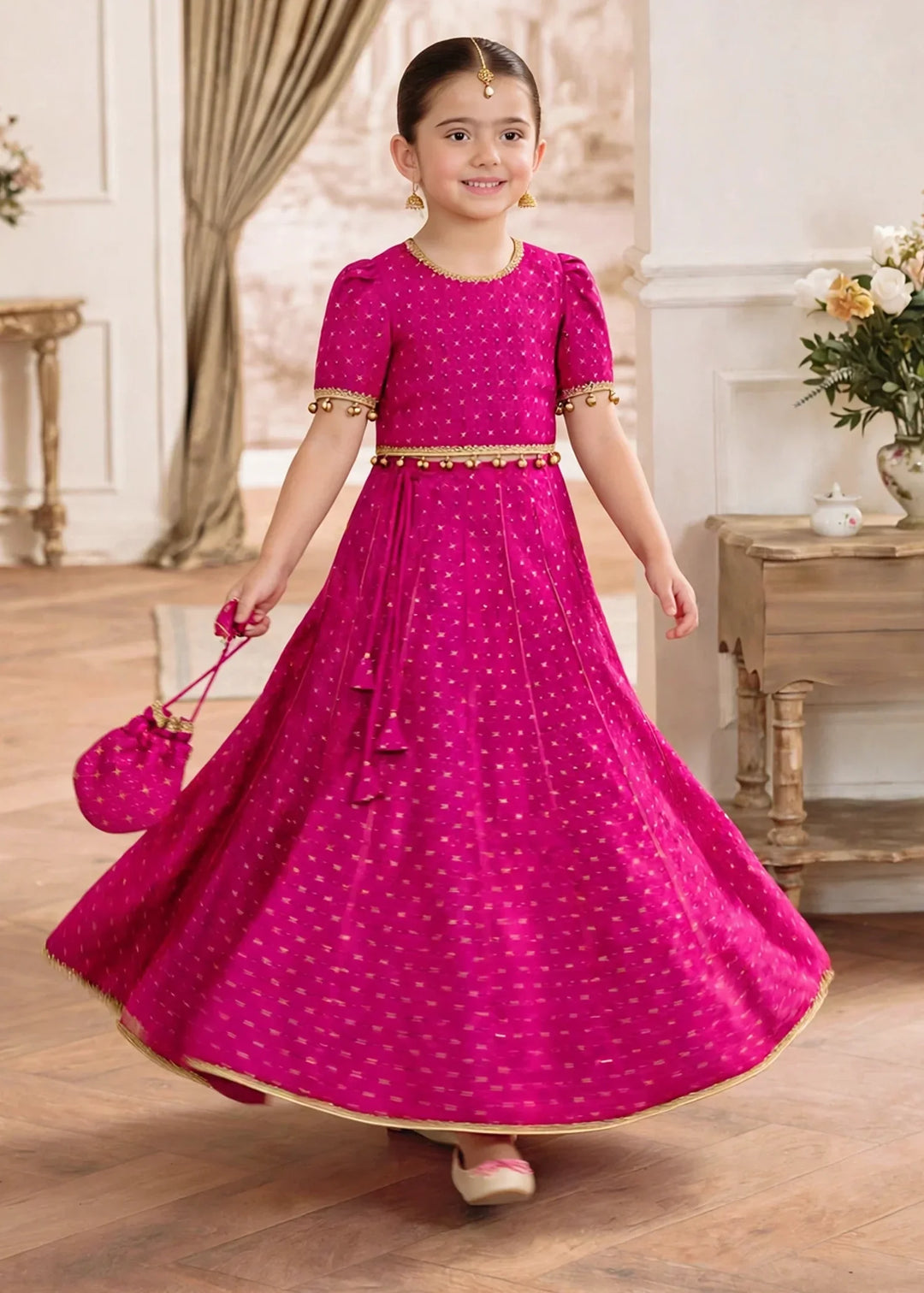 Jhilmil by Modest Girls RTW Printed Raw Silk 3 Piece Suit Pink Lehenga Festive Collection