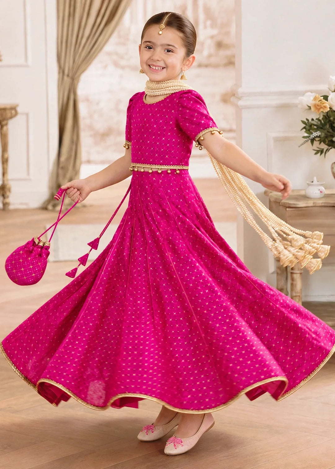 Jhilmil by Modest Girls RTW Printed Raw Silk 3 Piece Suit Pink Lehenga Festive Collection