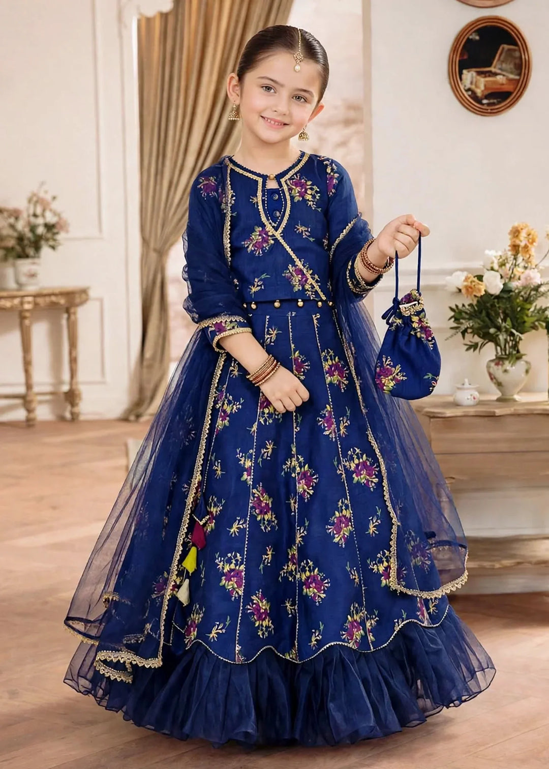 Jhilmil by Modest Girls RTW Printed Raw Silk 3 Piece Suit Blue Lehenga Festive Collection