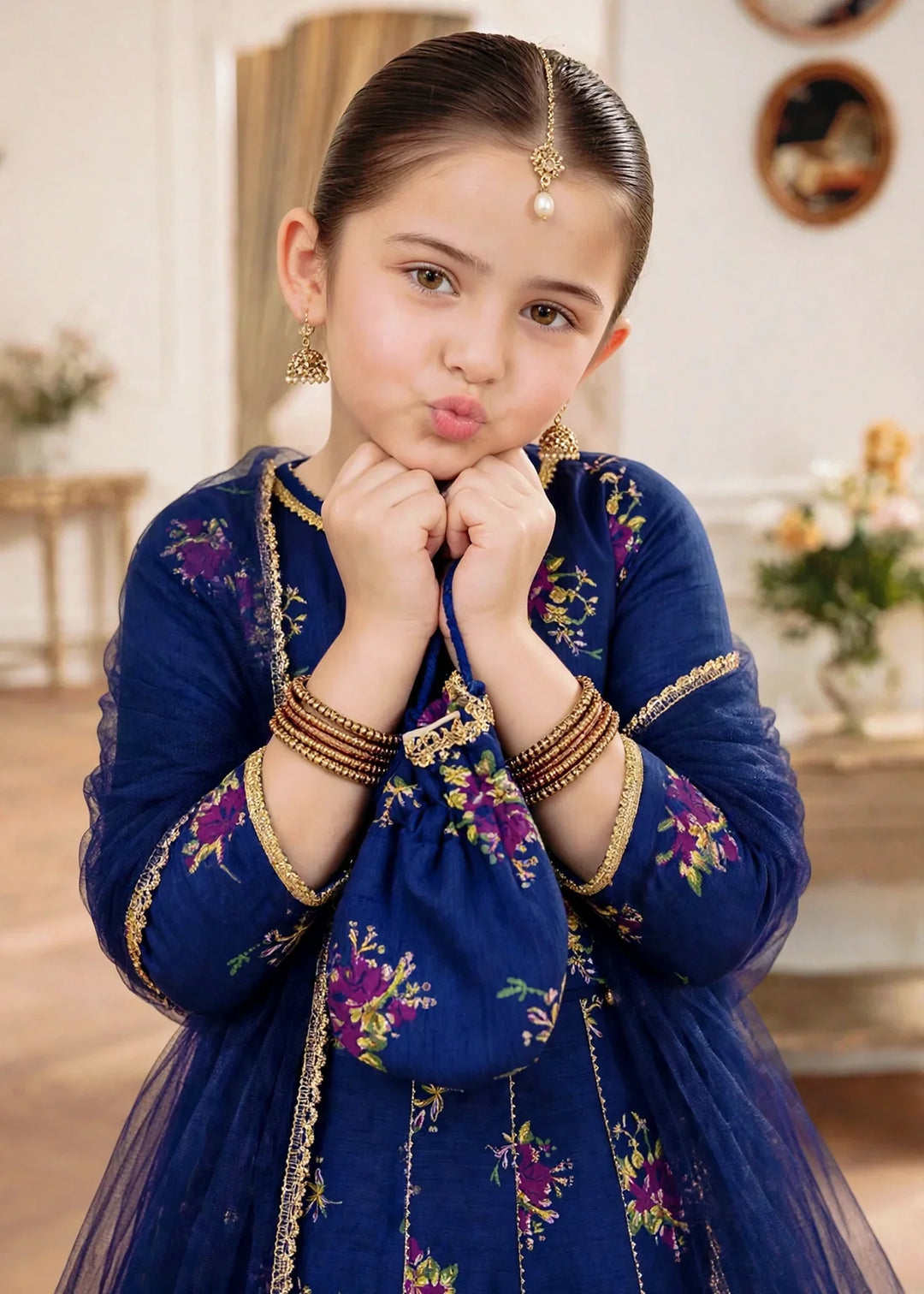 Jhilmil by Modest Girls RTW Printed Raw Silk 3 Piece Suit Blue Lehenga Festive Collection