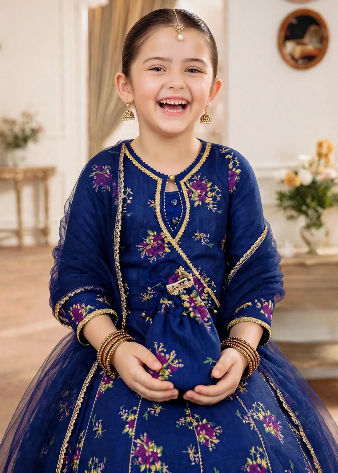 Jhilmil by Modest Girls RTW Printed Raw Silk 3 Piece Suit Blue Lehenga Festive Collection