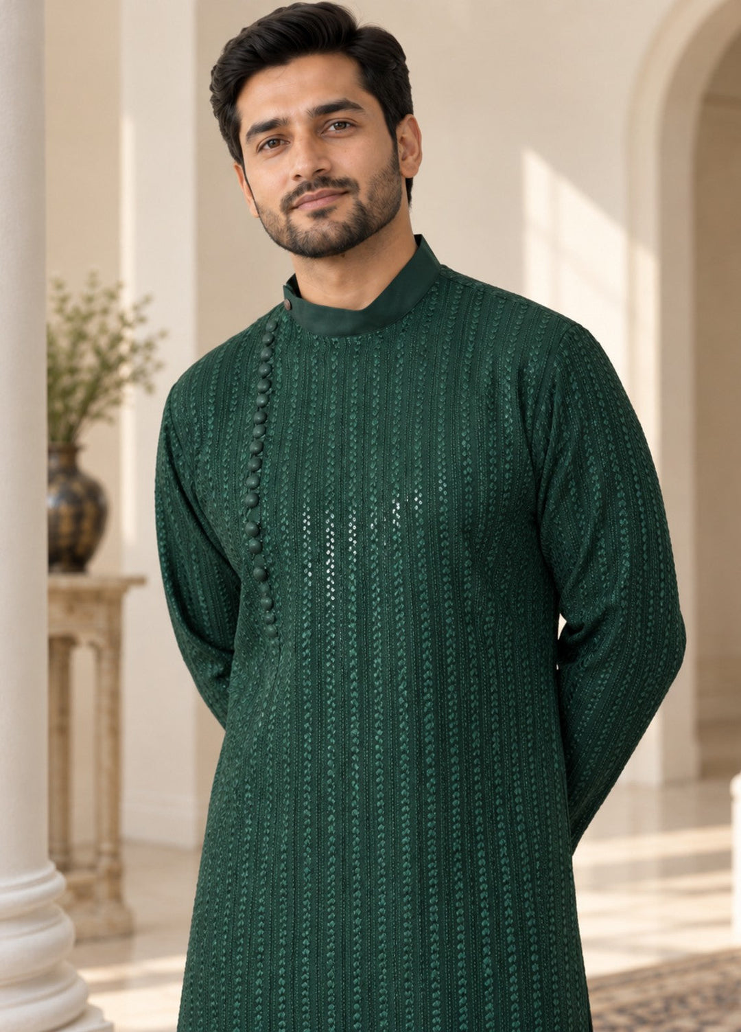 TGM Mens RTW Chikankari Chikankari Kurta Pajama Suit Eminence Green Festive Collection