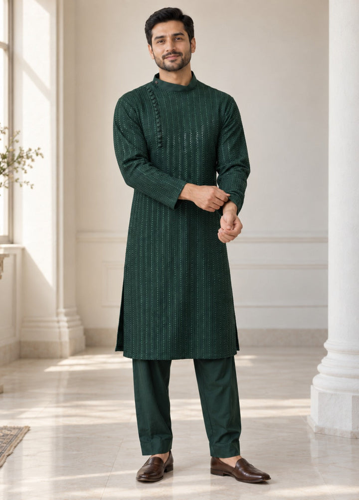 TGM Mens RTW Chikankari Chikankari Kurta Pajama Suit Eminence Green Festive Collection
