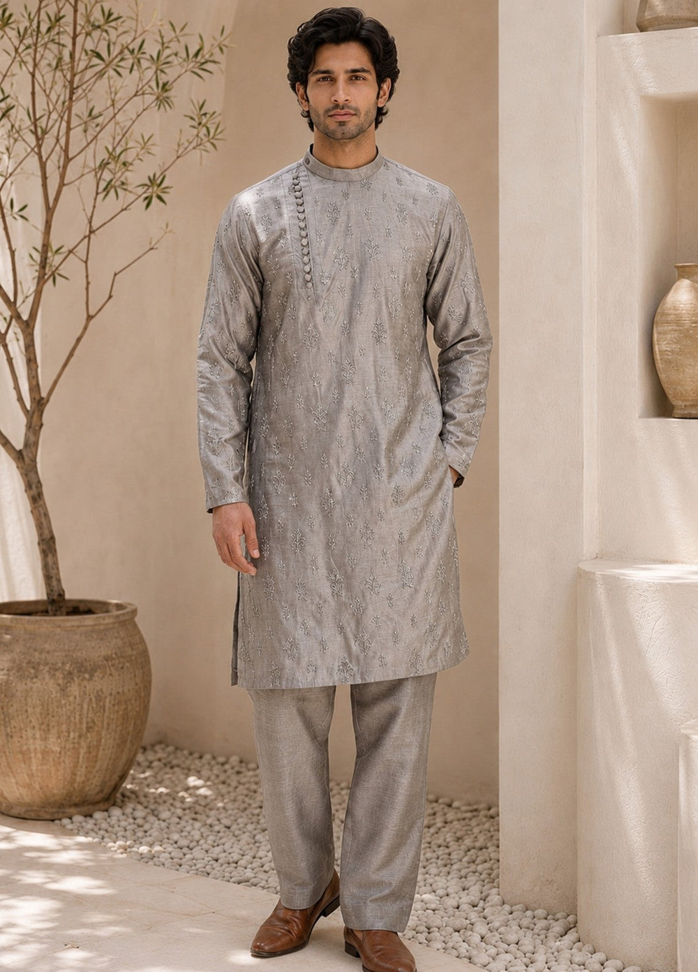 TGM Mens RTW Chikankari Chikankari Kurta Pajama Suit Eminence Grey Festive Collection