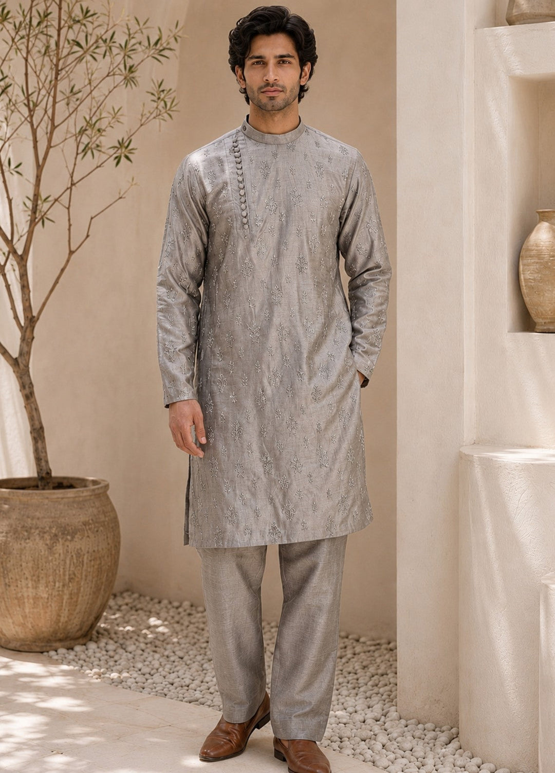 TGM Mens RTW Chikankari Chikankari Kurta Pajama Suit Eminence Grey Festive Collection