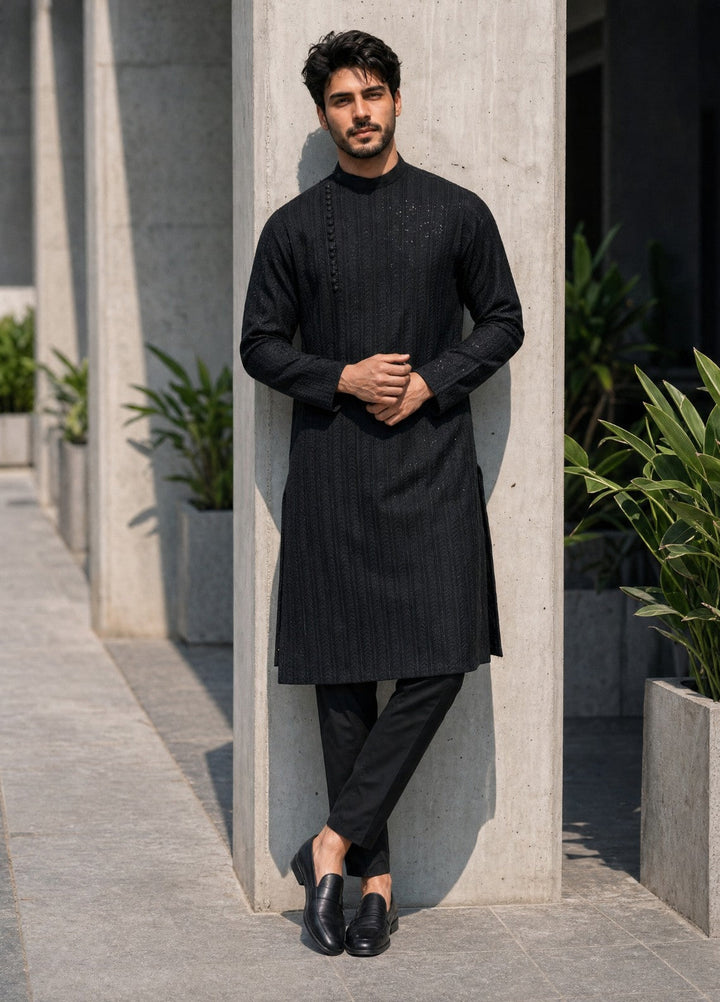 TGM Mens RTW Chikankari Chikankari Kurta Pajama Suit Eminence Black Festive Collection