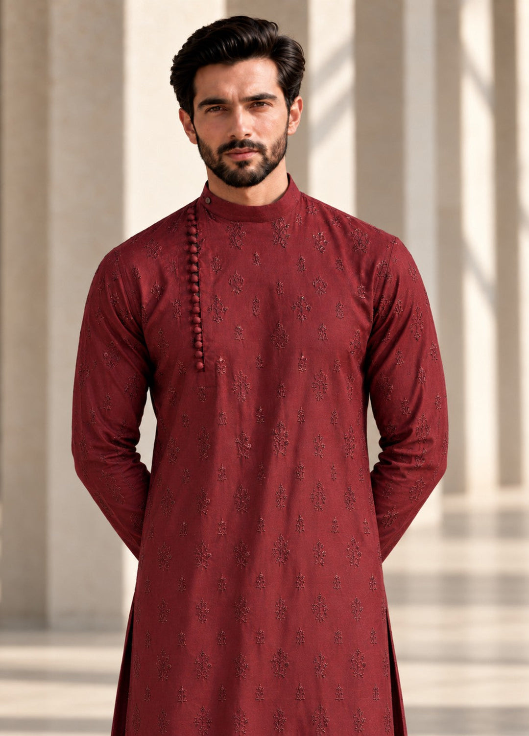 TGM Mens RTW Chikankari Chikankari Kurta Pajama Suit Eminence Maroon Festive Collection