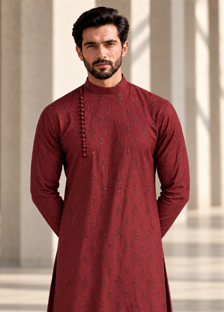 TGM Mens RTW Chikankari Chikankari Kurta Pajama Suit Eminence Maroon Festive Collection