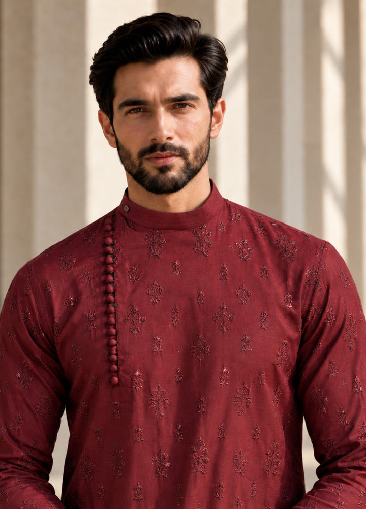TGM Mens RTW Chikankari Chikankari Kurta Pajama Suit Eminence Maroon Festive Collection