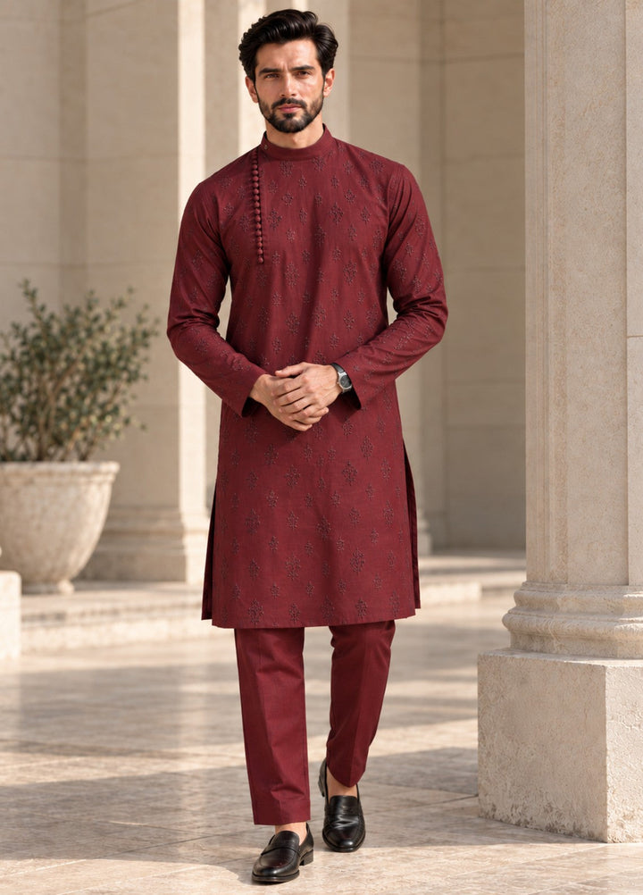 TGM Mens RTW Chikankari Chikankari Kurta Pajama Suit Eminence Maroon Festive Collection