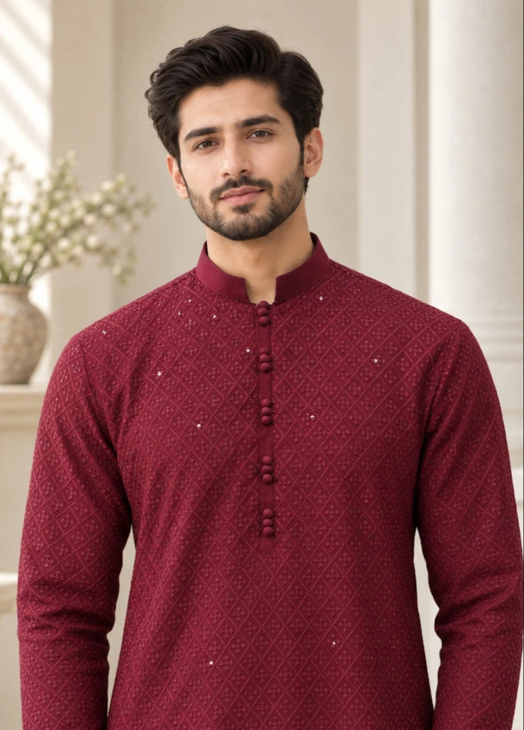 TGM Mens RTW Chikankari Chikankari Kurta Pajama Suit Titan Maroon Festive Collection