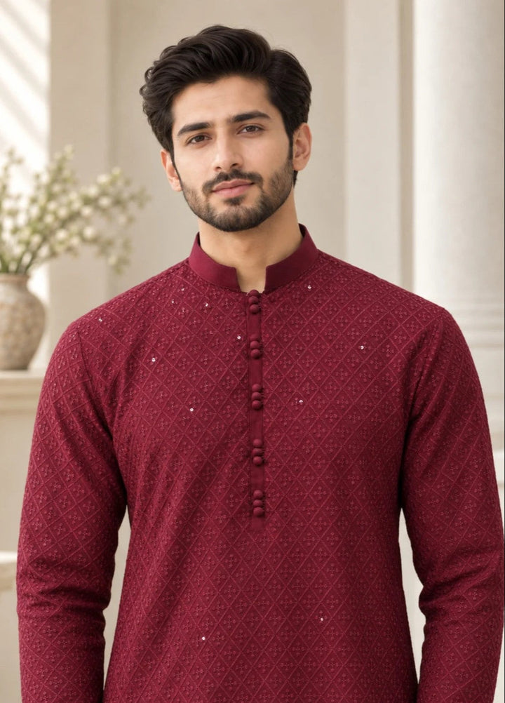 TGM Mens RTW Chikankari Chikankari Kurta Pajama Suit Titan Maroon Festive Collection