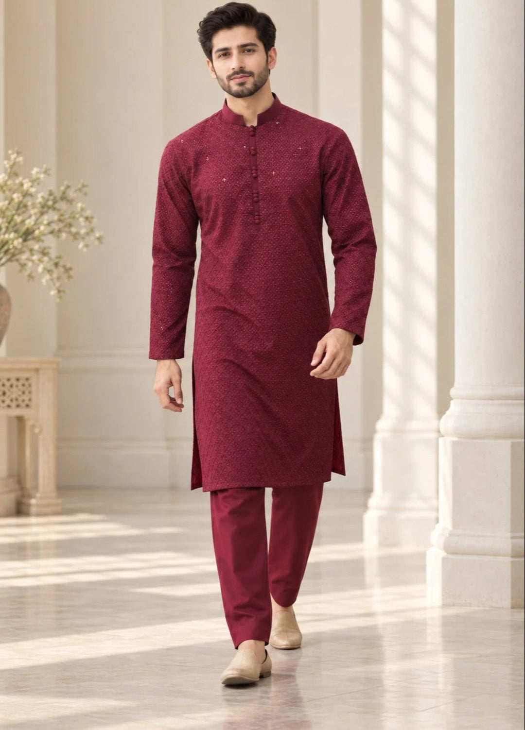 TGM Mens RTW Chikankari Chikankari Kurta Pajama Suit Titan Maroon Festive Collection