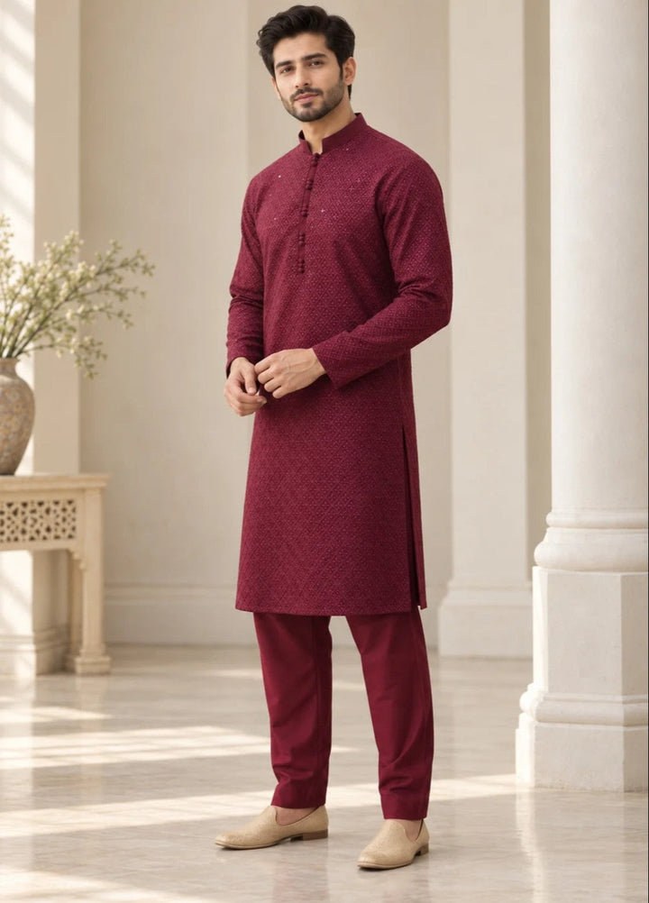 TGM Mens RTW Chikankari Chikankari Kurta Pajama Suit Titan Maroon Festive Collection