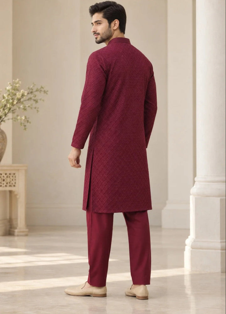 TGM Mens RTW Chikankari Chikankari Kurta Pajama Suit Titan Maroon Festive Collection