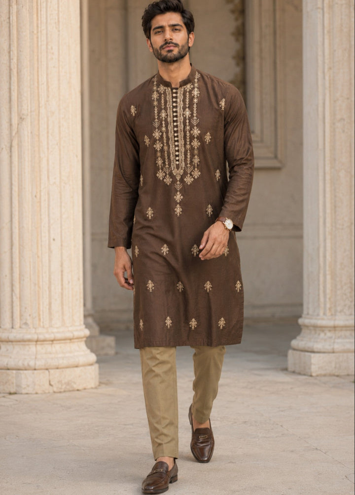 TGM Mens RTW Chikankari Chikankari Kurta Pajama Suit Elvar Brown Festive Collection