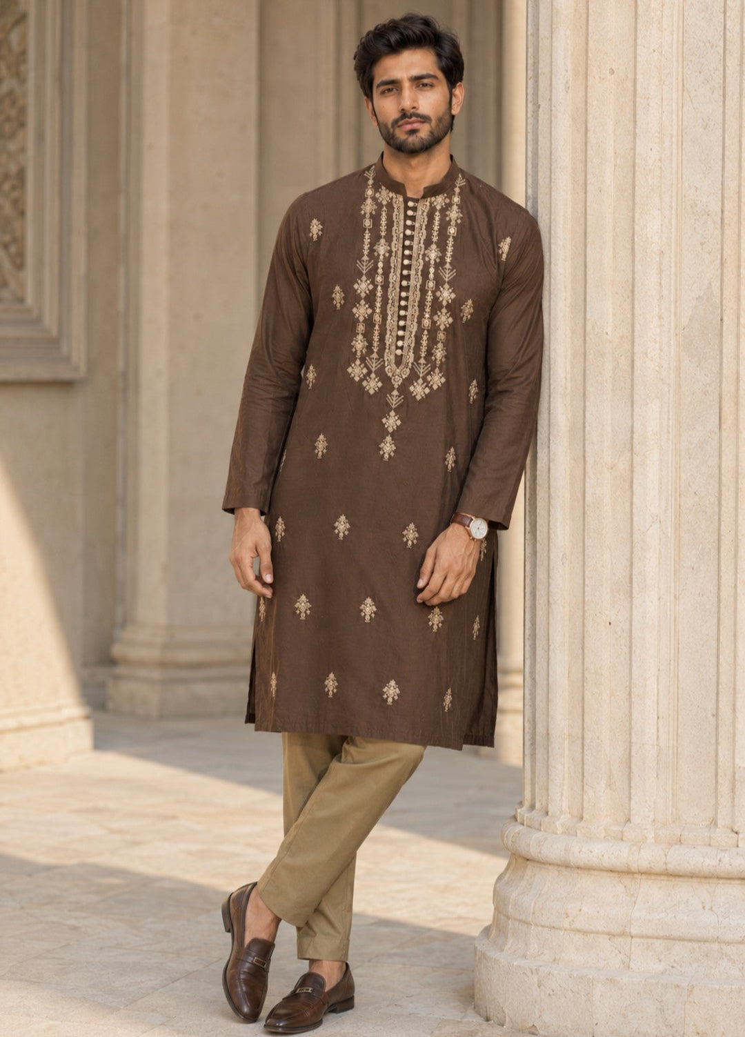TGM Mens RTW Chikankari Chikankari Kurta Pajama Suit Elvar Brown Festive Collection
