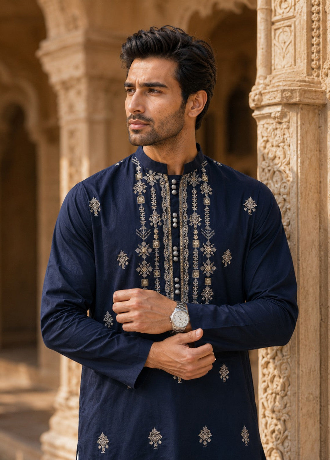 TGM Mens RTW Chikankari Chikankari Kurta Pajama Suit Elvar Navy Festive Collection