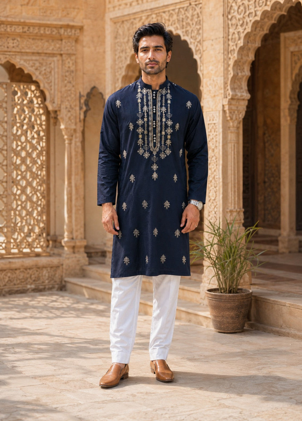 TGM Mens RTW Chikankari Chikankari Kurta Pajama Suit Elvar Navy Festive Collection