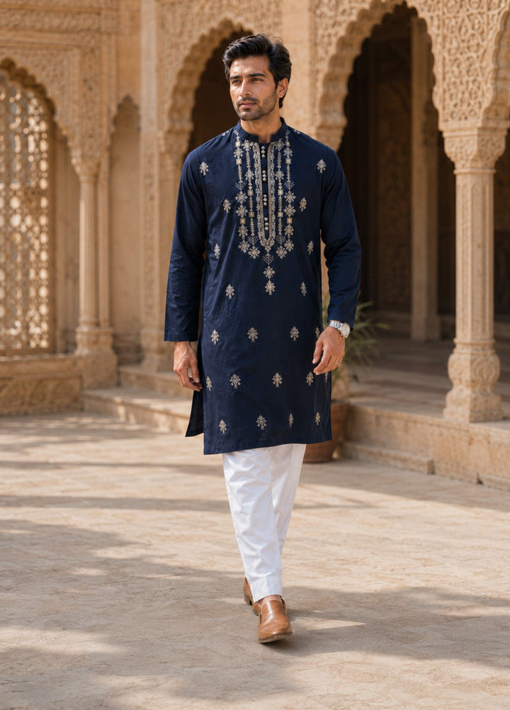 TGM Mens RTW Chikankari Chikankari Kurta Pajama Suit Elvar Navy Festive Collection