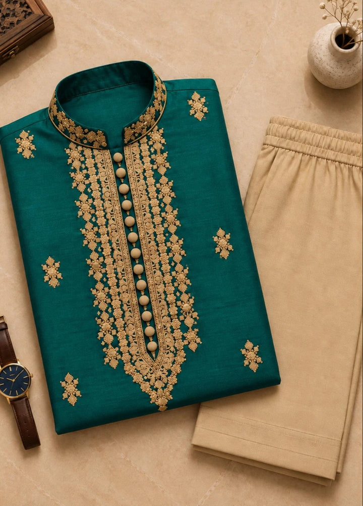TGM Mens RTW Chikankari Chikankari Kurta Pajama Suit Aeron Teal Festive Collection