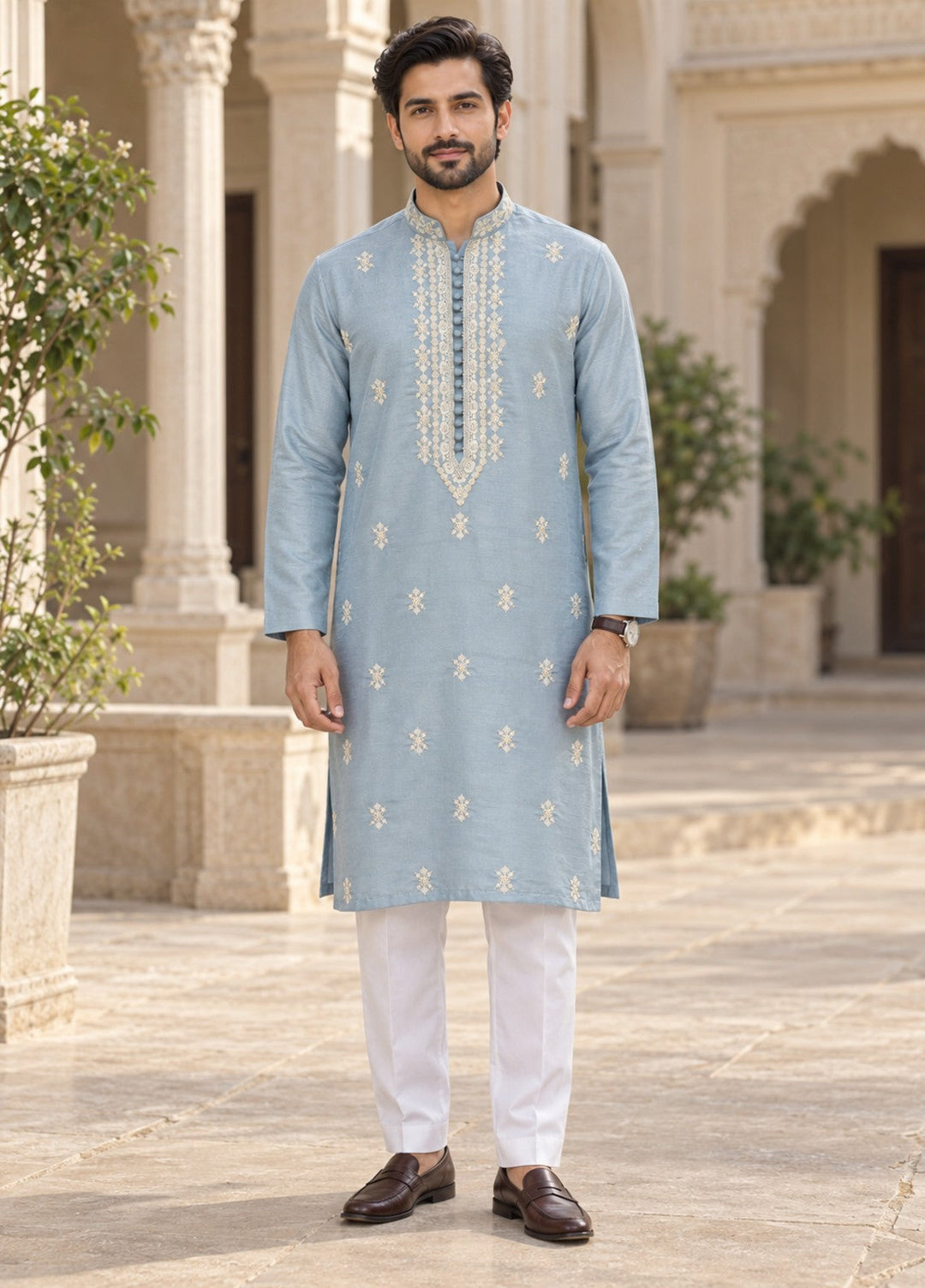 TGM Mens RTW Chikankari Chikankari Kurta Pajama Suit Aeron Ice Blue Festive Collection