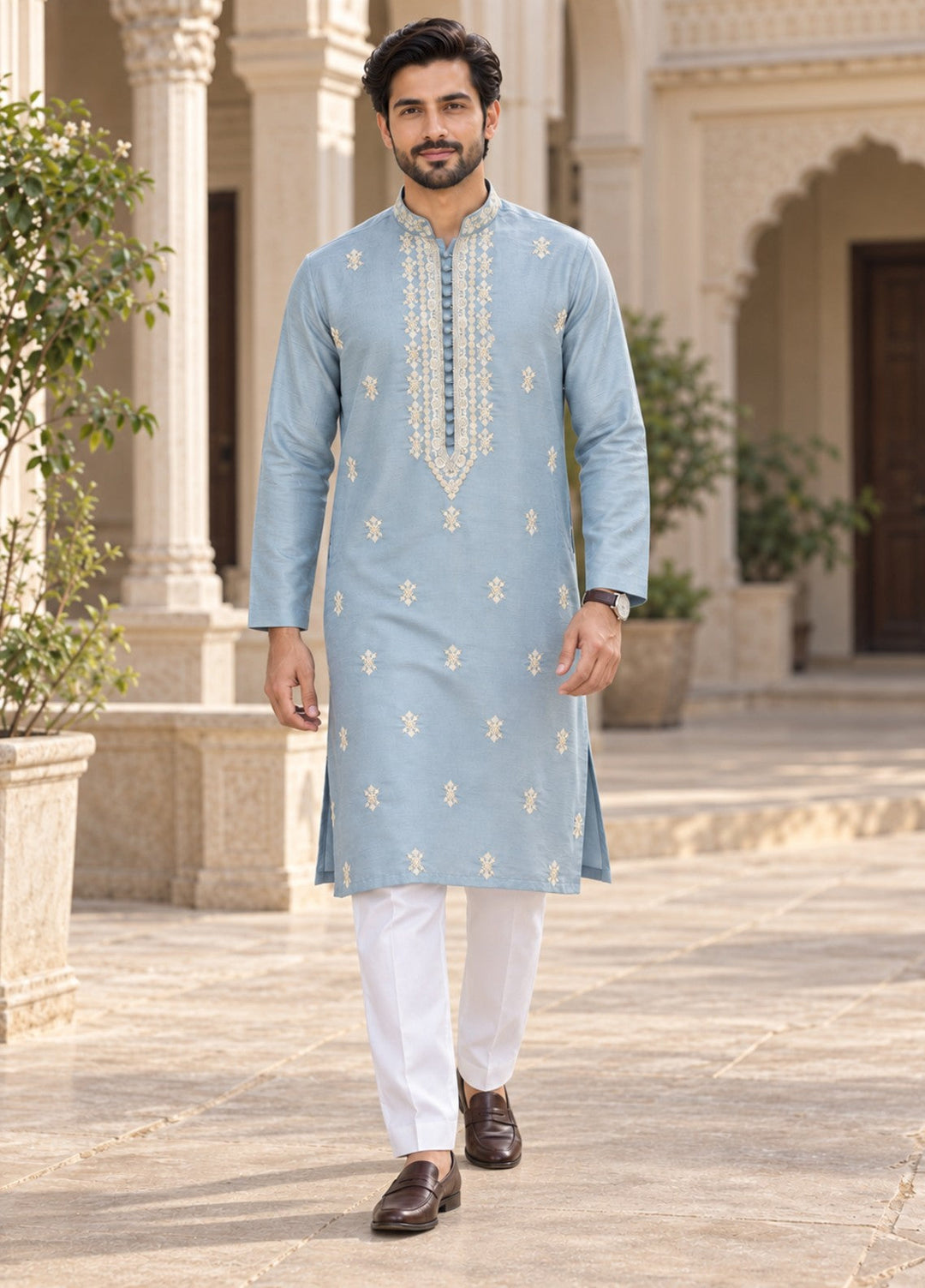 TGM Mens RTW Chikankari Chikankari Kurta Pajama Suit Aeron Ice Blue Festive Collection