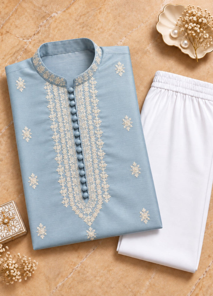 TGM Mens RTW Chikankari Chikankari Kurta Pajama Suit Aeron Ice Blue Festive Collection