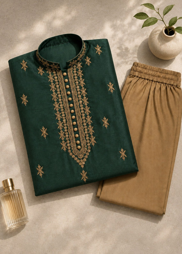 TGM Mens RTW Chikankari Chikankari Kurta Pajama Suit Aeron Green Festive Collection