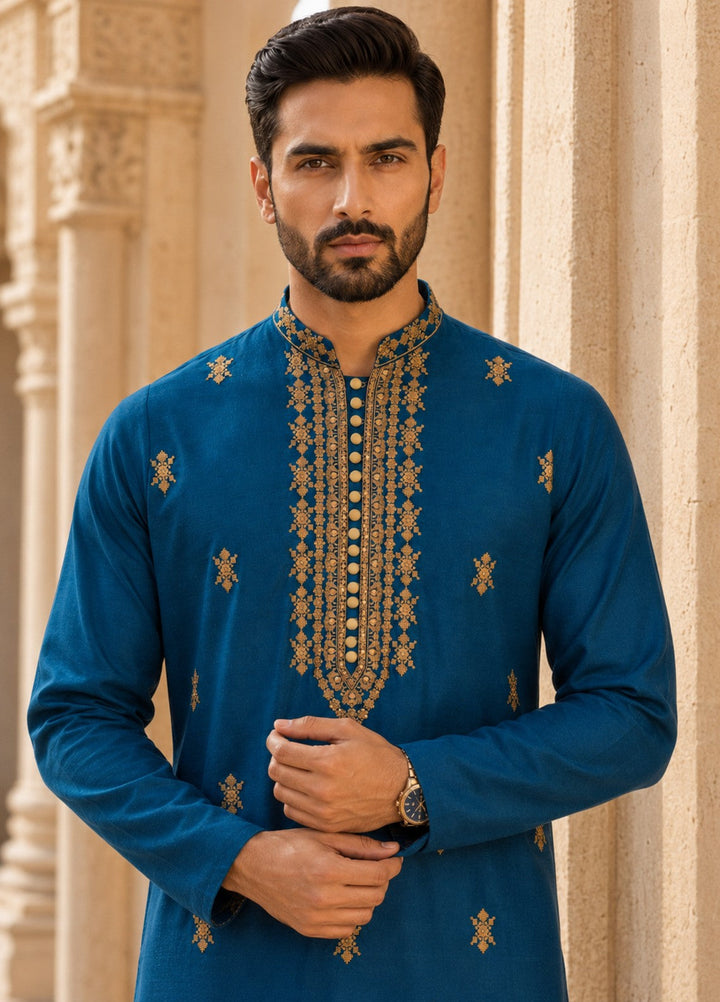 TGM Mens RTW Chikankari Chikankari Kurta Pajama Suit Aeron Blue Festive Collection
