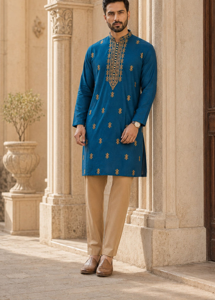 TGM Mens RTW Chikankari Chikankari Kurta Pajama Suit Aeron Blue Festive Collection