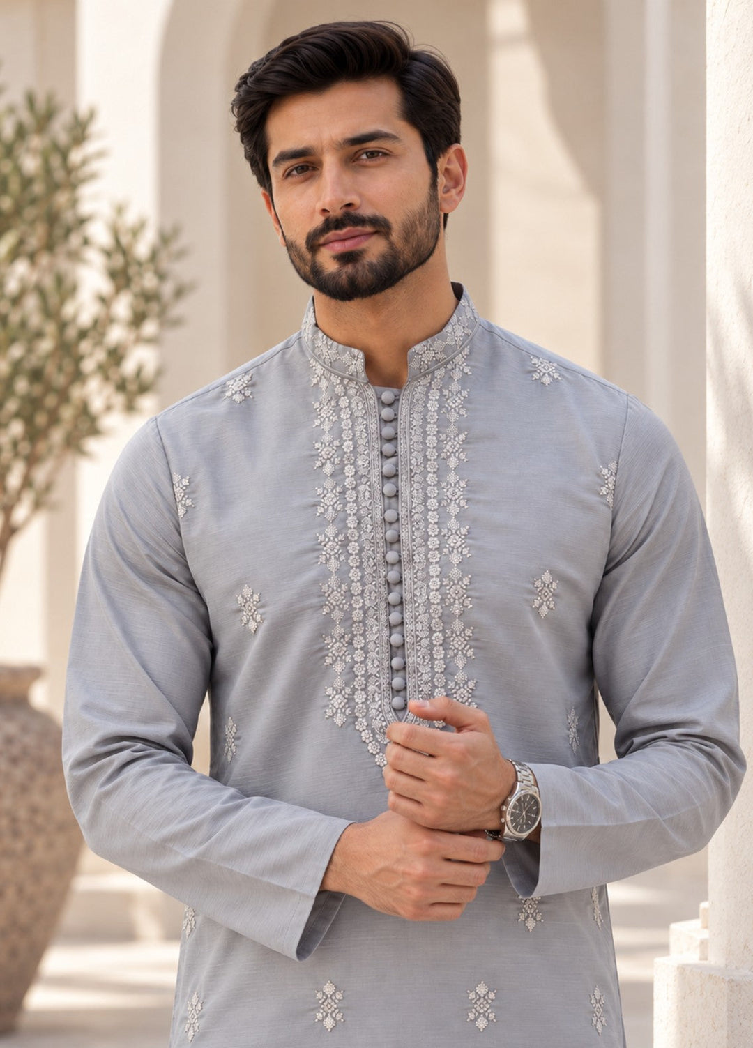 TGM Mens RTW Chikankari Chikankari Kurta Pajama Suit Aeron Grey Festive Collection