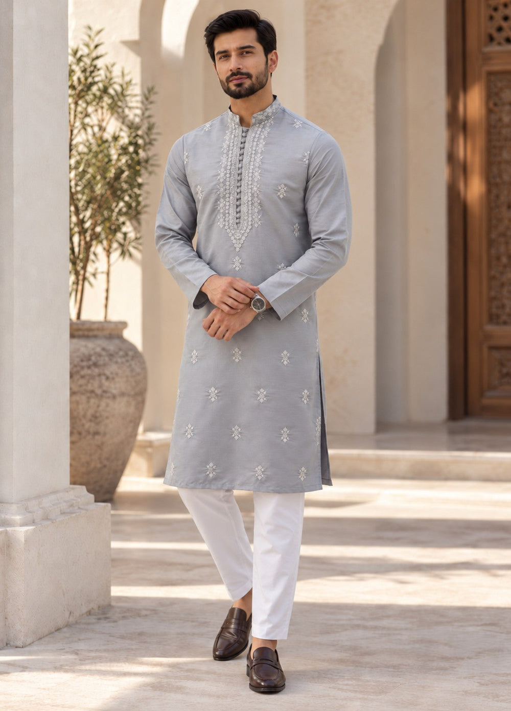 TGM Mens RTW Chikankari Chikankari Kurta Pajama Suit Aeron Grey Festive Collection