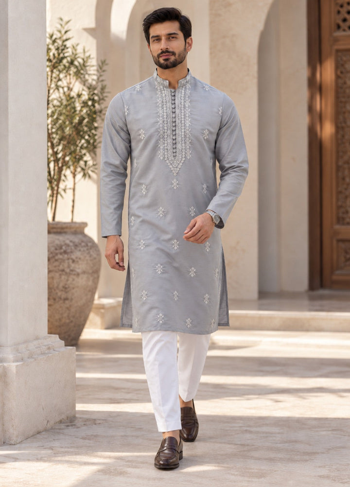 TGM Mens RTW Chikankari Chikankari Kurta Pajama Suit Aeron Grey Festive Collection