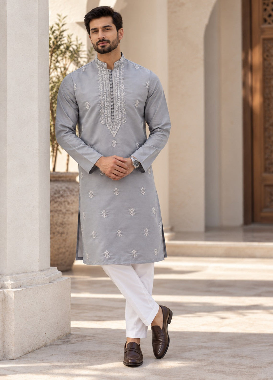 TGM Mens RTW Chikankari Chikankari Kurta Pajama Suit Aeron Grey Festive Collection