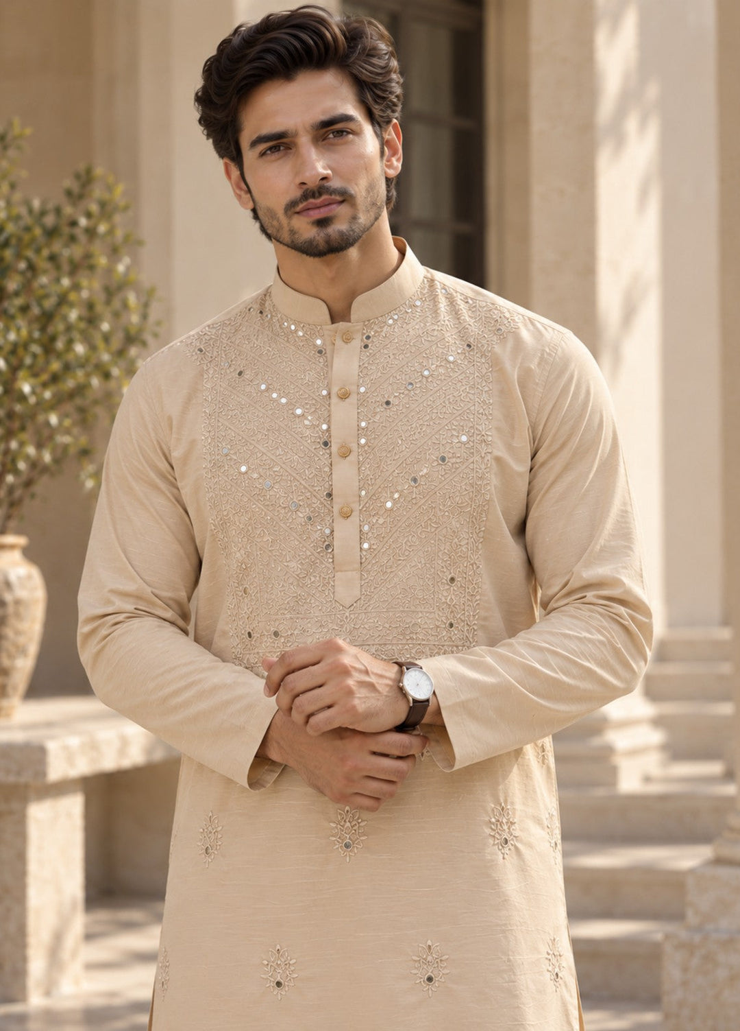 TGM Mens RTW Chikankari Chikankari Kurta Pajama Suit Vintage Cream Festive Collection