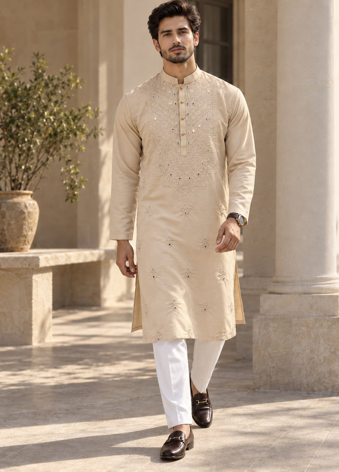 TGM Mens RTW Chikankari Chikankari Kurta Pajama Suit Vintage Cream Festive Collection