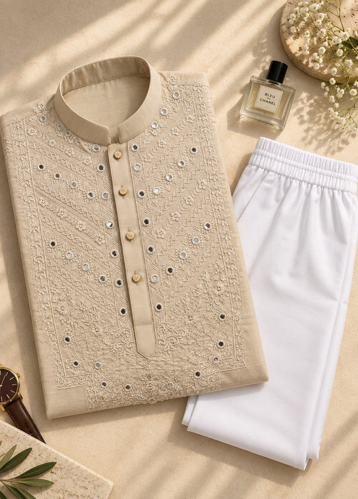TGM Mens RTW Chikankari Chikankari Kurta Pajama Suit Vintage Cream Festive Collection