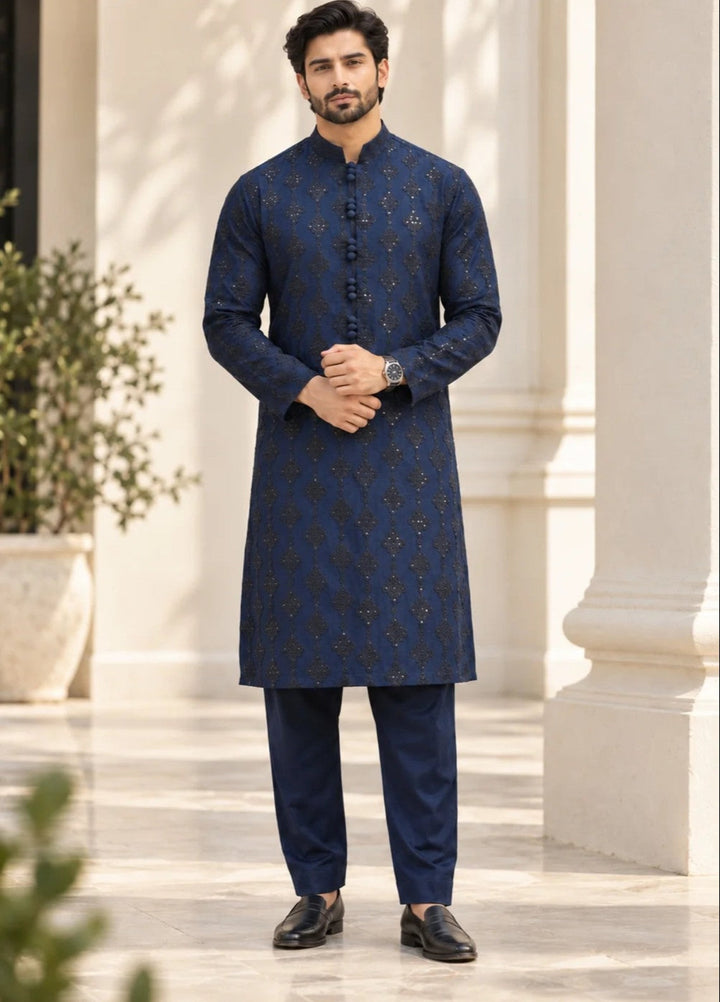 TGM Mens RTW Chikankari Chikankari Kurta Pajama Suit Titan Navy Festive Collection